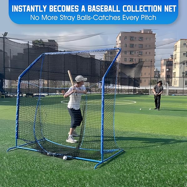 BASEBALL SOFTBALL NET WITH BLOCKING SYSTEM, 7X7FT PRACTICE CAGE FOR BATTING/PITCHING/FIELDING, METAL FRAME WITH ELEVATED BASE AND STORAGE BAG FOR BACKYARD OUTDOOR INDOOR