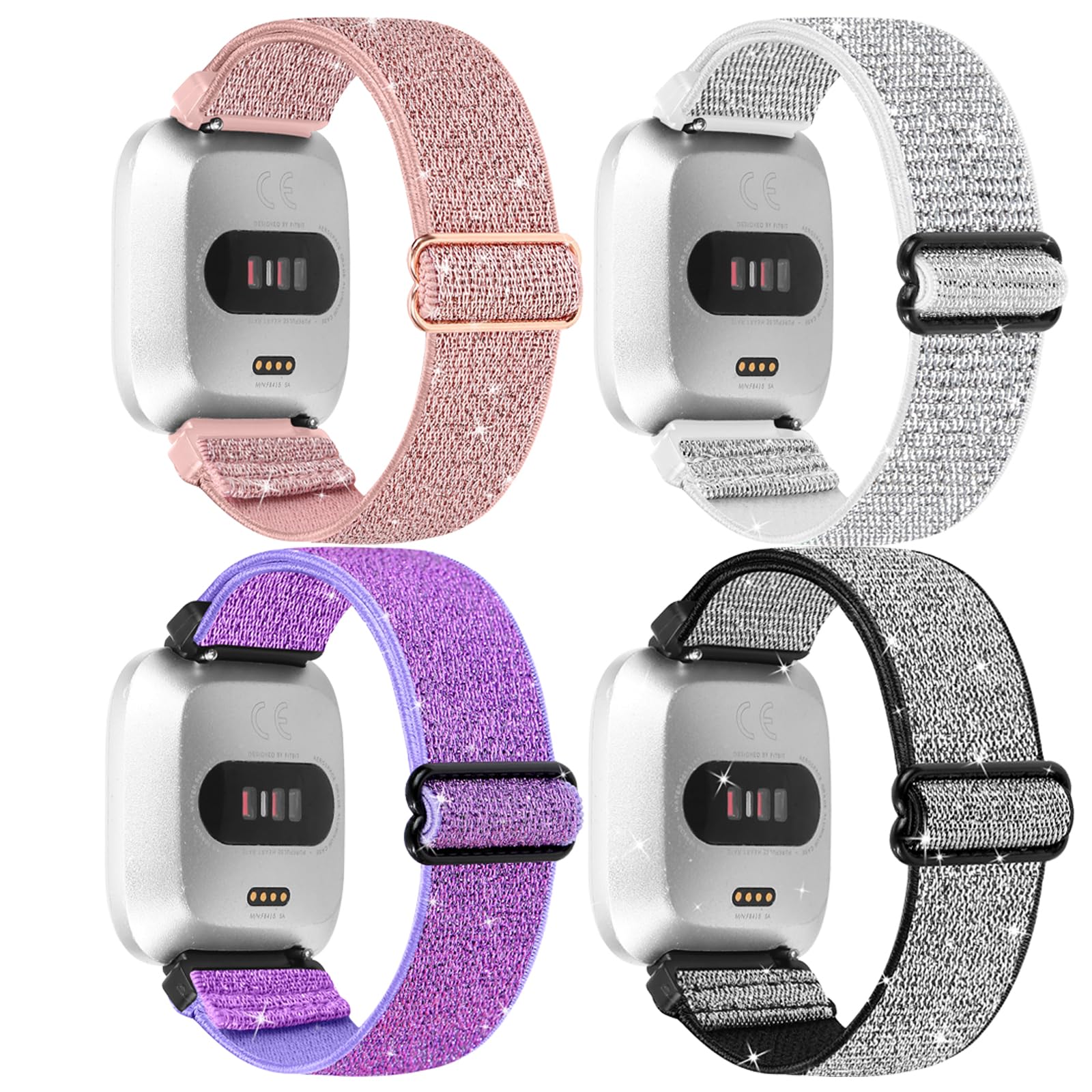HUYIIO 4 Pack Adjustable Straps Compatible with Fitbit Versa 2 Straps,Soft Breathable Nylon Sport Band Stretchy Replacement Wristband For Women Men for Fitbit Versa 2/Versa/Versa Lite/SE