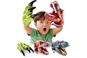 Geyiie Dinosaur Toys Hand Puppet for Kids, Dinosaurs Claws Head Soft Rubber, Dino Figures Set Animal Glove T-Rex Velociraptor Puppets Gifts for boys/Girls Age 3 4 5 6 7, 3 Pack
