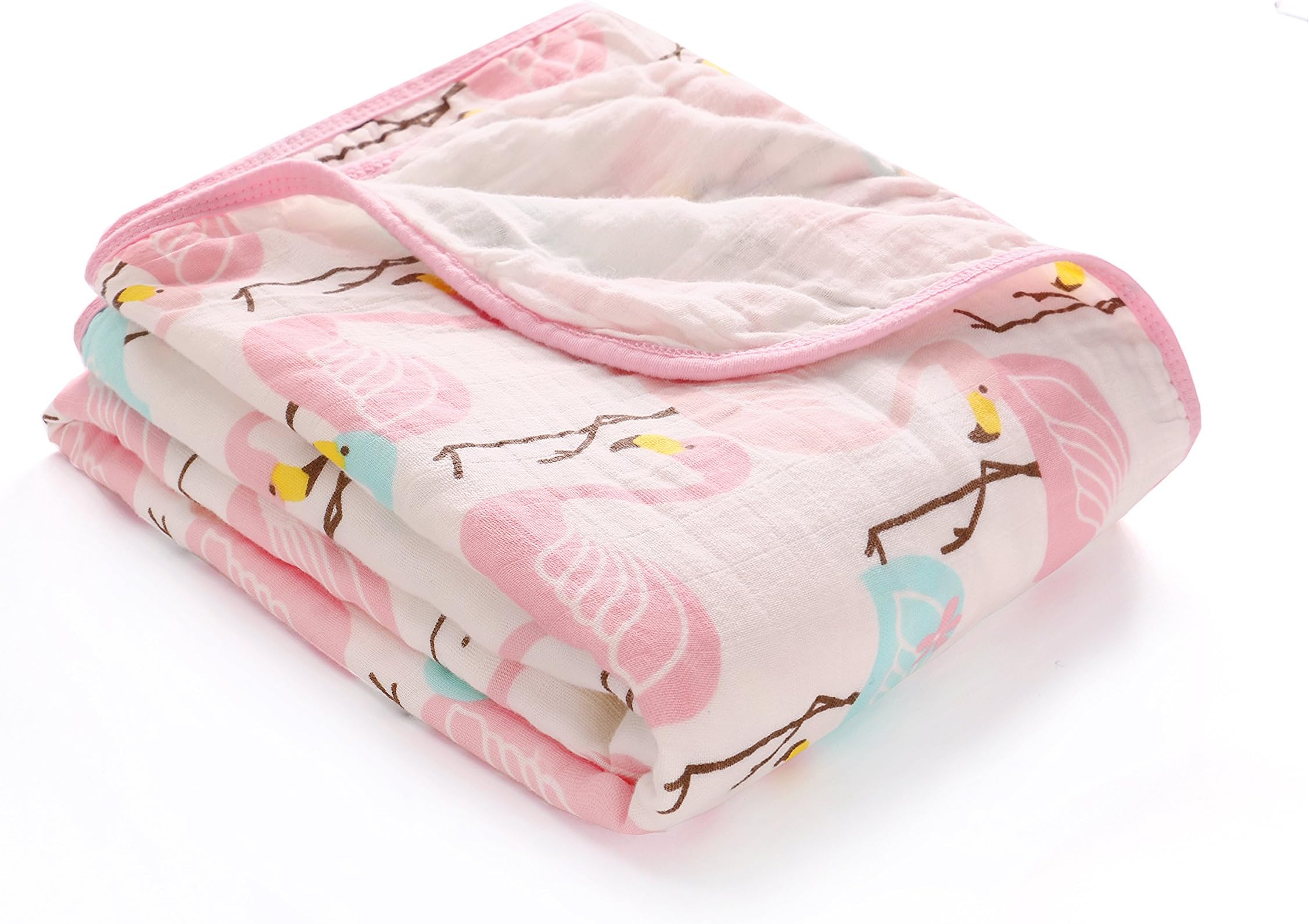 LAT Baby Infant Swaddle & Receiving Blanket 120x120cm-100% Cotton Muslins with Stroller Clips Or Konjac Sponges for Newborn Unisex Babies (2 Layers, Flamingo/120x150cm)