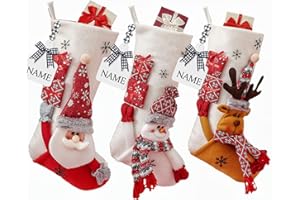 MASTEYMOH 19-Inch Large Christmas Hanging Stockings Pack of 3, Plush Christmas Stockings for Fireplace Decor, White Gold Christmas Stockings, Large Christmas Stockings with Wooden Name Tag as Personalized Gift