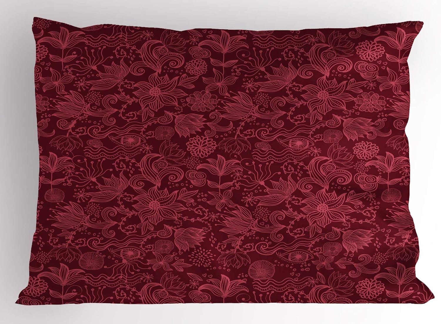 TYANG Burgundy Pillow Sham, Cheerful Nature Inspired Gardening Pattern with Blooming