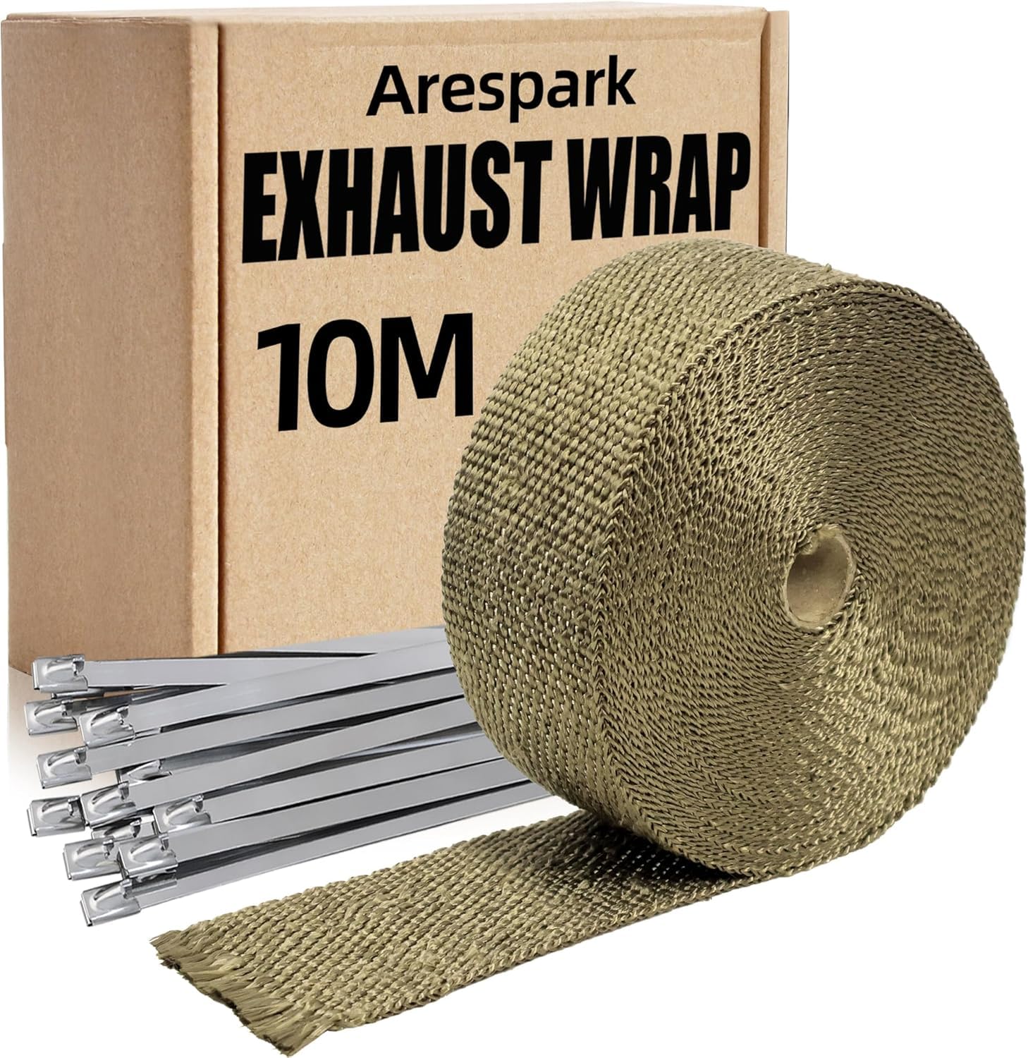 Car Exhaust Wrap Tape, Arespark 10M Heat Wrap Exhaust Tape Roll Titanium for Motorcycle Heat Shield Tape Fiberglass Heat Insulation Wrap with 10 Pcs Stainless Ties