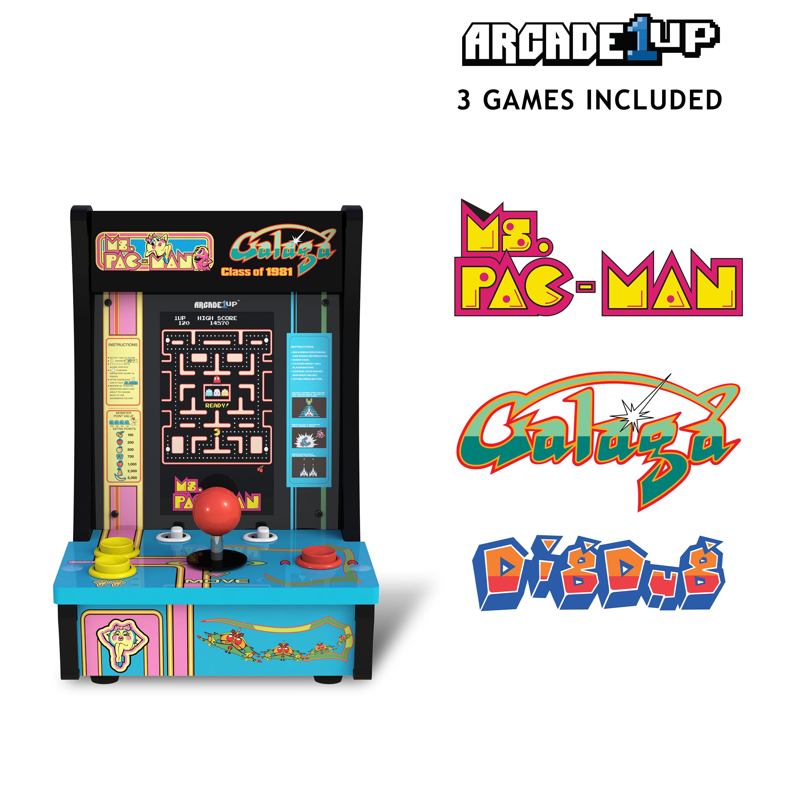 Arcade1Up Class of ‘81 Ms. PAC-Man/Galaga Countercade – 3 Classic Games, Retro Game Console for Home, Portable Console with 7-inch Screen, Table-top Video Game for Game Room