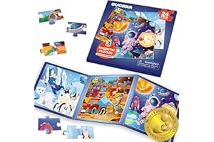 QUOKKA Magnet Puzzles for Toddlers 2-4 Years Old - 24 Pcs Travel Puzzles Games for Kids Ages 3-5 - Animal Space Dino Car Activities Toy for Boys & Girls 3-5 yo - Learning Magnet Gift for Road Trip