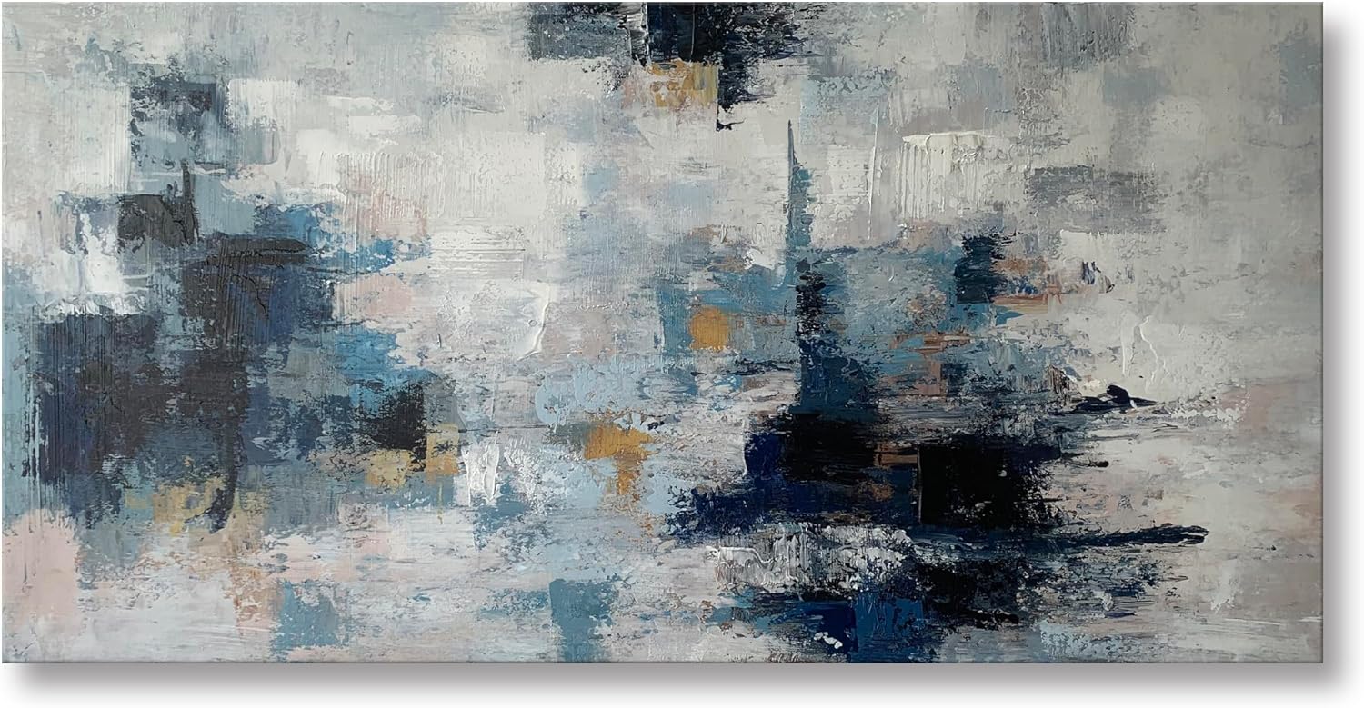 Paintings - Handmade Black White Blue Gray Abstract Painting Modern Canvas Artwork Texutred Wall Art Home Decor Office