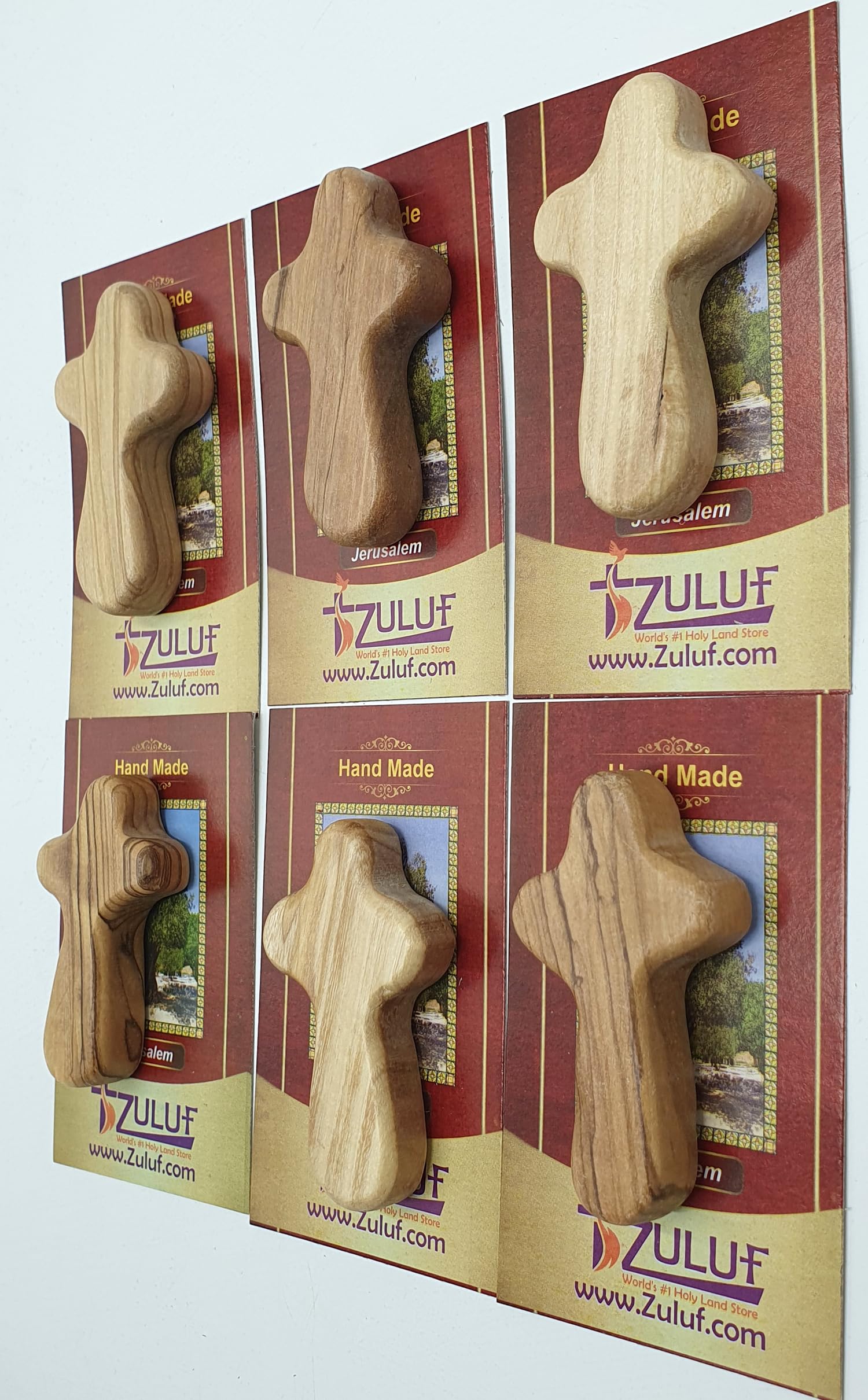 Zuluf Six Small Olive Wood Crosses The Holding Crosses From Israel | Handheld, Comforting Design for Clutching, Clinging With 6 Holy Land Certificates 6cm / 2.5 Inch Each Cross - CRS095