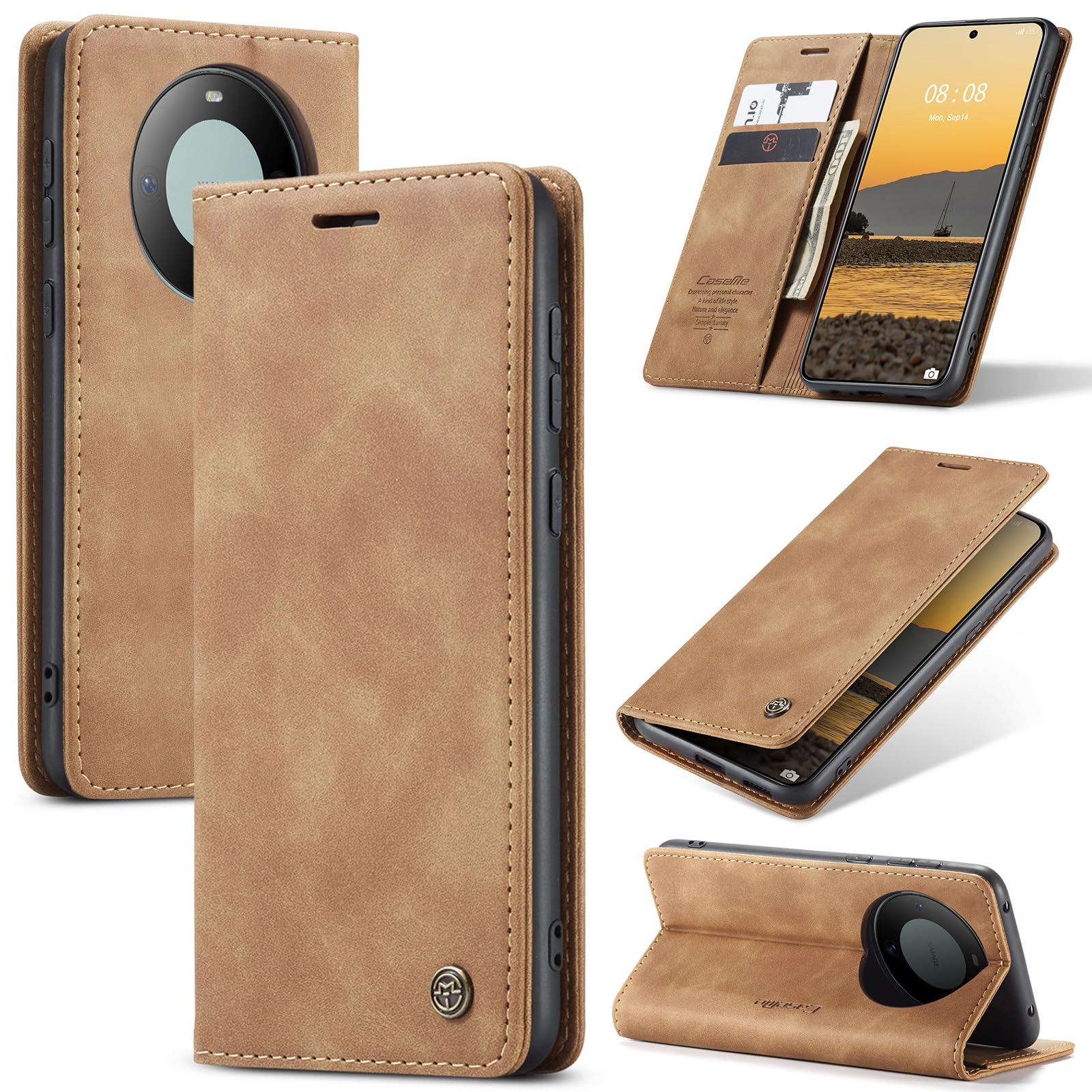 UFinetech for HUAWEI Mate 60 Case, Leather Wallet Case for HUAWEI Mate60, Slim Shockproof, Magnetic Closure Flip, Kickstand, Card Holder, Camera Protector, Anti-scratch, Brown 2023 TPU Cover