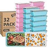 Moiturti 32 Pack 42 oz Meal Prep Containers, Reusable Plastic Food Prep Storage Containers with Printed Lids, Stackable, Leakproof, Microwave & Freezer & Dishwasher Safe,To Go Take Out Box, Orange