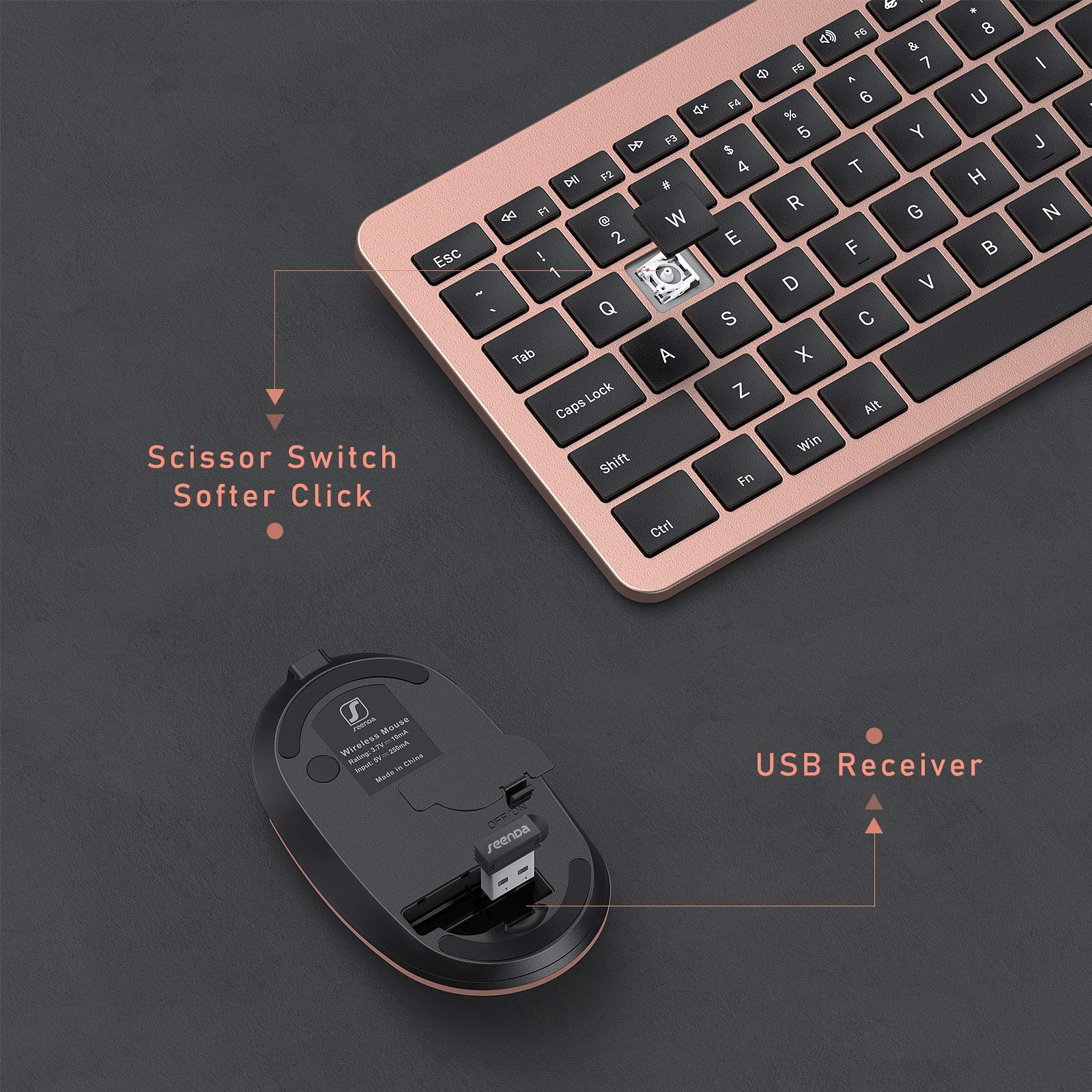 seenda Rechargeable Wireless Keyboard Mouse Combo Full Size Cordless Keyboard & Mouse Sets with Build-in Lithium Battery Ultra Thin Quiet Keyboard Mice (Rose Gold & Black)