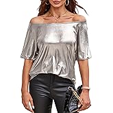 VIDUSSA Women's Off Shoulder Tops Sequin Sparkly Glitter Casual Loose Shirts Short Sleeve Tunic Blouses