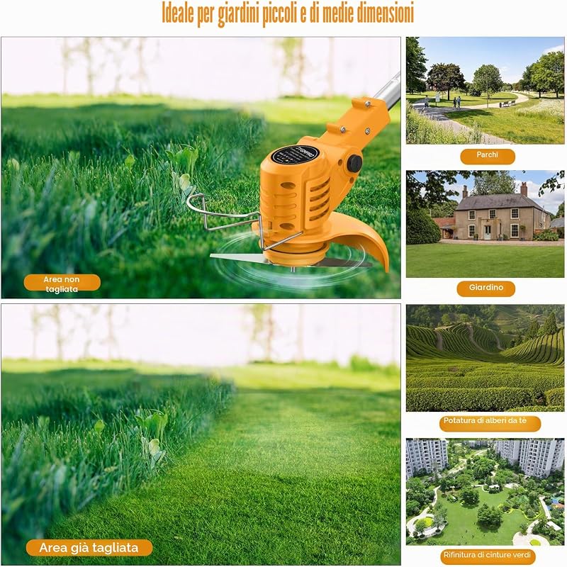 Decespugliatore a Batteria, Tagliabordi a Batteria 21V con 2 Batterie 2.0Ah, Altezza e Angolazione Regolabili, Decespugliatore Per il Taglio di Giardini, Prati e Terreni