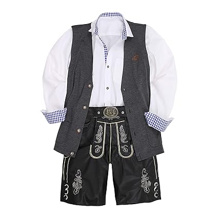 By Johanna Herren Trachten-Set Trachtenhose Lederhose Optik Vegan Gürtel Stretch Trachten-Hemden Strickweste Schwarz Cardigan