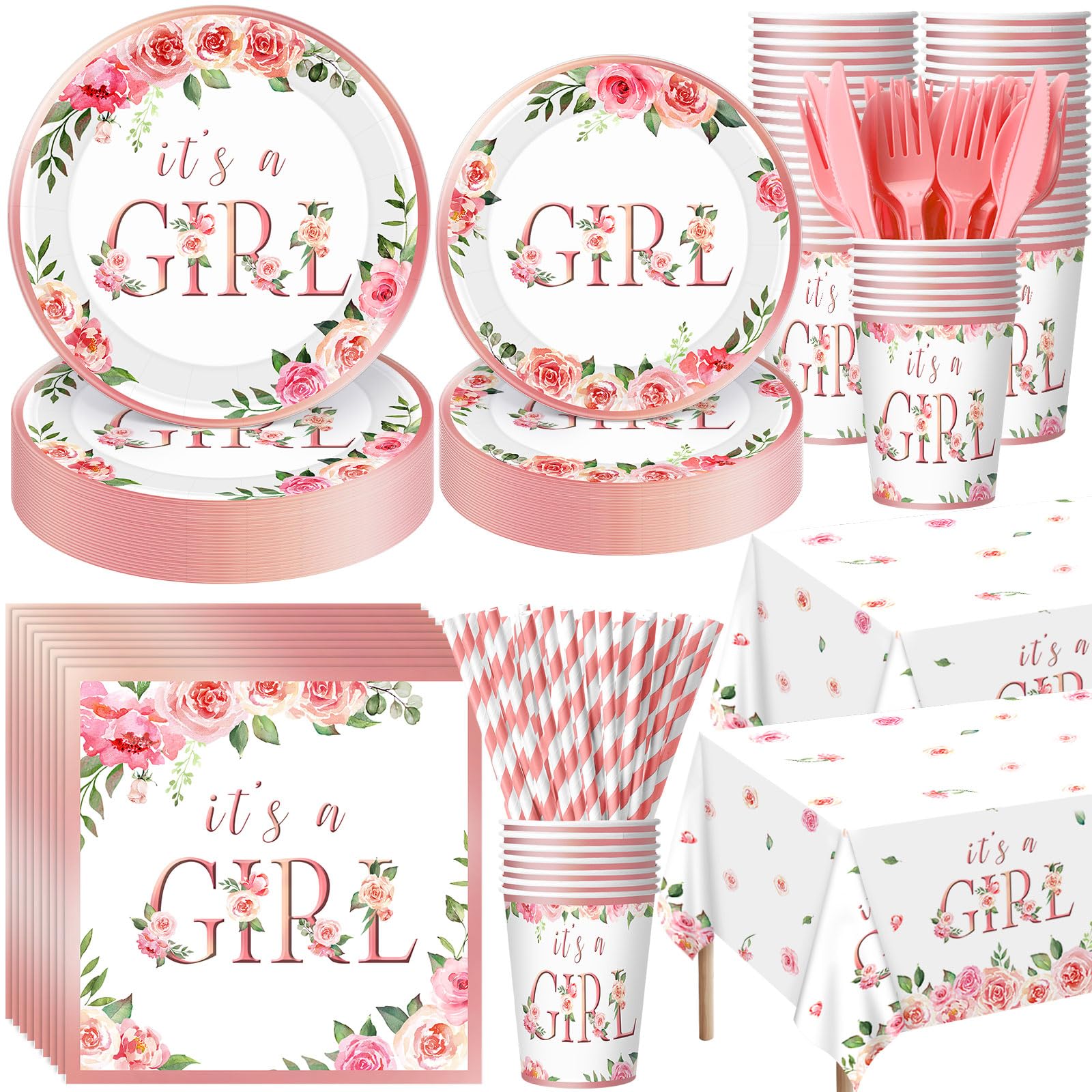 Photo 1 of Potchen 452 Pcs Pink Floral Baby Shower Party Supplies Include It's a Girl Baby Shower Paper Plates Cups Napkins Tablecloth Cutlery Straws for Pink Flower Girl Gender Reveal Birthday Party