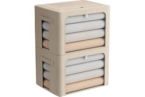 FHSQX 2 Pack Clear Window Storage Bins Large Foldable Fabric Storage Bins Boxes for Clothes Stackable Box Organizer Set with Carrying Handles (Beige, 19.7x 15.7x 12.5 Inch)