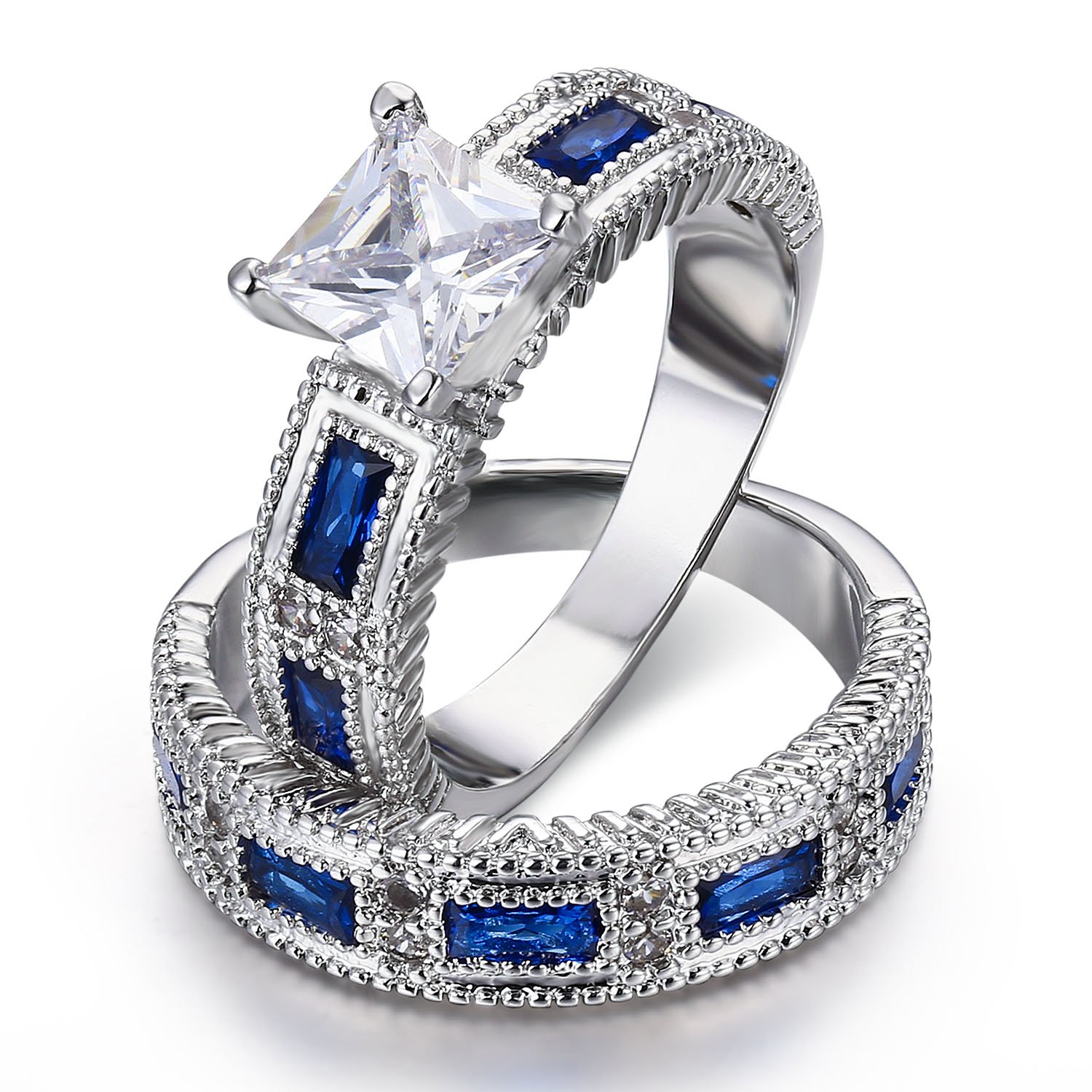 LAVUMO Bridal Set Princess Cut Simulated Blue Sapphire CZ Promise Engagement Wedding Ring Sets for Women Rhodium Plated Size 6 7 8 9 (6)