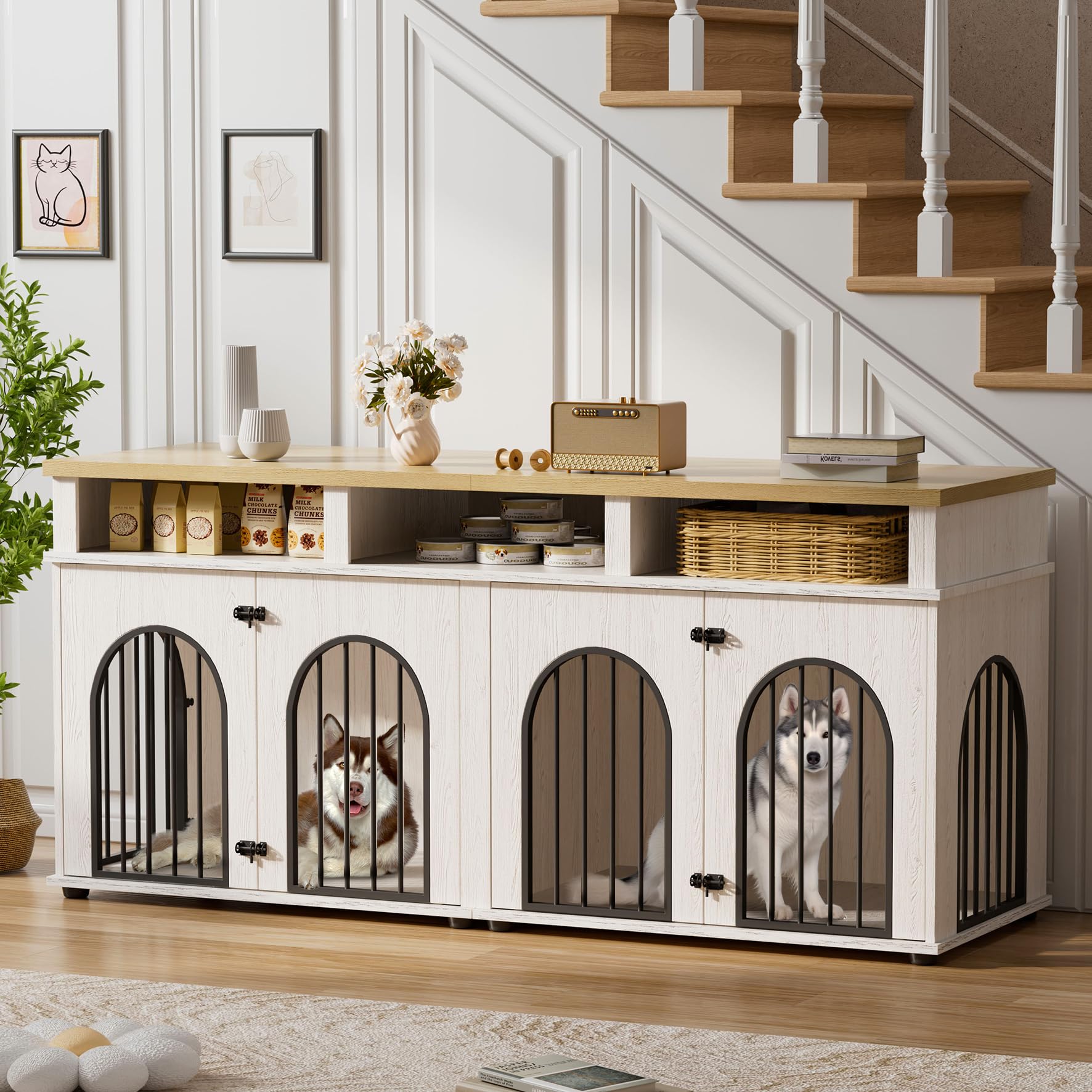 Photo 1 of *missing hardware*Garvee Double Dog Crate Furniture 71" Dog Kennel Furniture for 2 Medium Dogs, Heavy Duty Dogs Cage XL Dogs House Indoor with 3 Storage Shelves, Large Puppy Crates with 8 Adjustable Feet