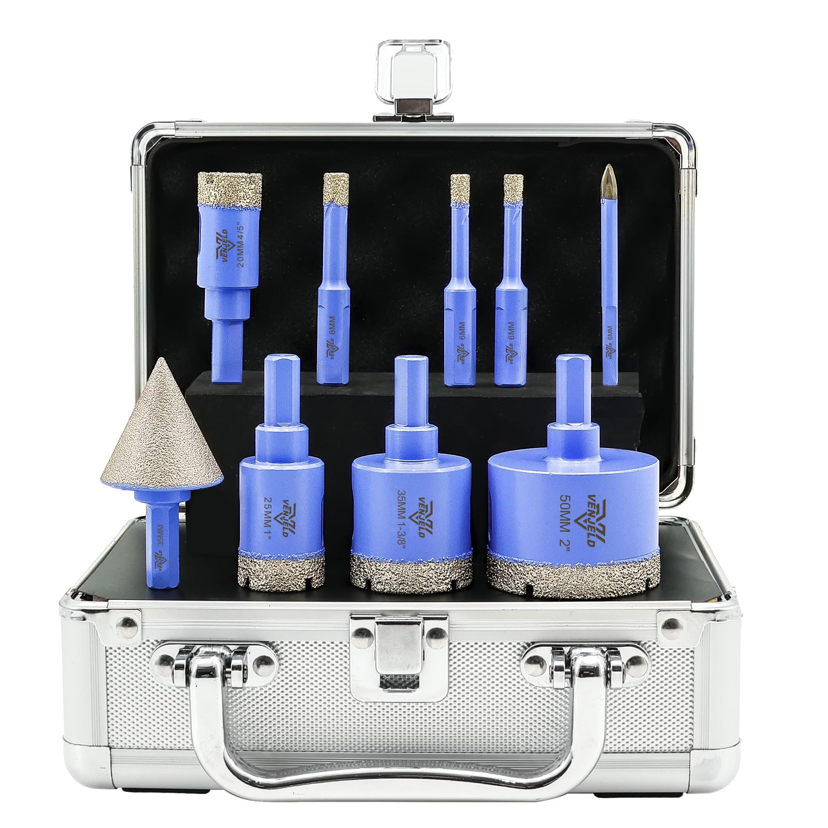 Diamond Drill Bits Set 9Pcs - 6/6/8/20/25/35/50mm Triangle Shank Tile Hole Saw Kit, 6mm Carbide Drill, 35mm Beveling Chamfer Bit for Porcelain Tile Ceramic Granite Marble Dekton