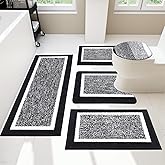 Pauwer Bathroom Rugs Set 5 Piece, Plush Absorbent Microfiber Bath Mats for Bathroom, Non Slip Washable Bath Rug Set with U Shaped Contour Toilet Rugs, Shower Rug and Toilet Lid Cover, Black