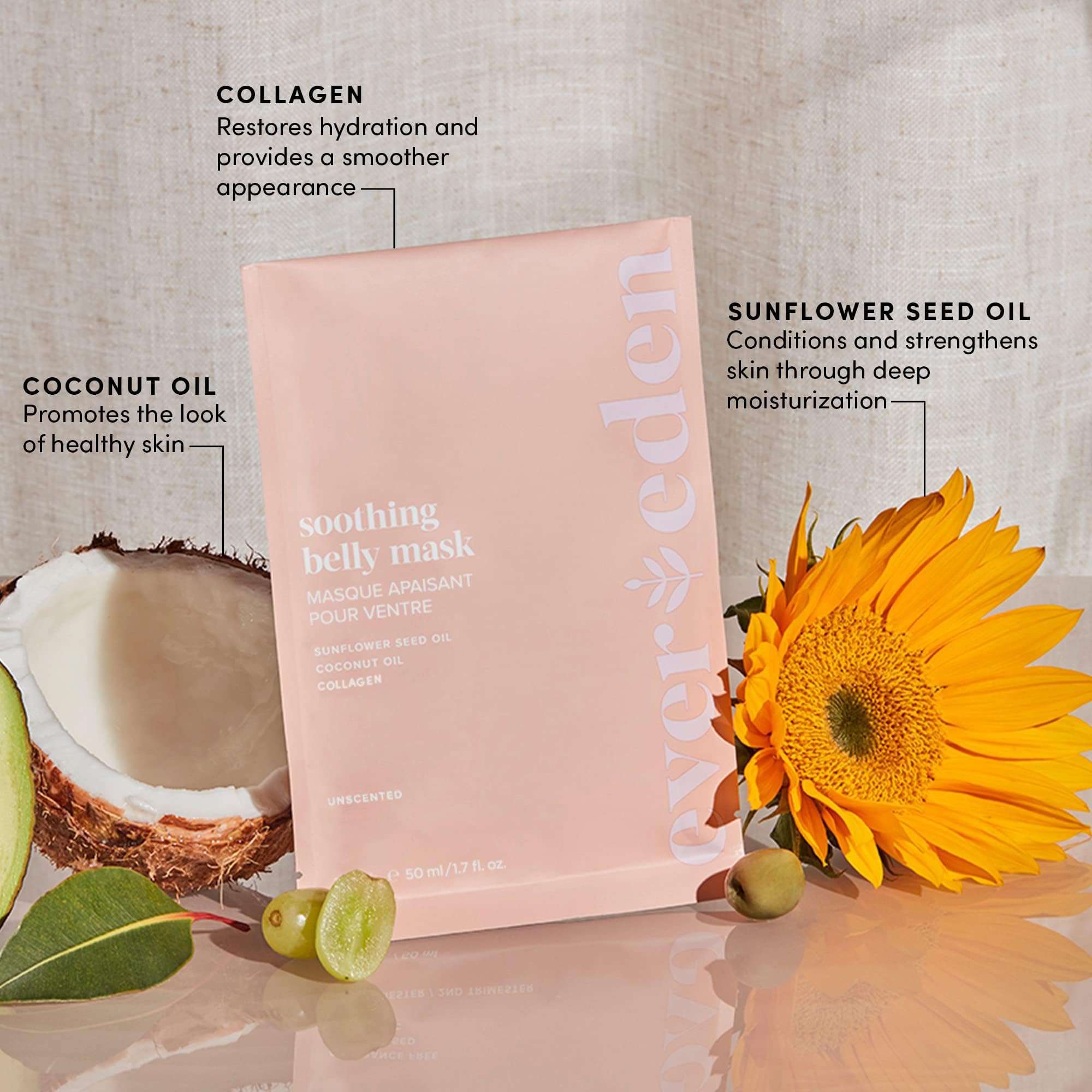 Evereden Nourishing Stretch Mark Cream, 4.0 fl oz. & Golden Belly Serum, 1.7 fl oz. & Soothing Belly Mask for Stretch Marks - 1st/2nd Trimester Size, 4 pack | 3 Item Bundle Set | Pregnancy Skincare