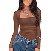 AGECODE Women's Sexy Square Neck Long Sleeve Bodysuit Sheer Mesh Ruched Body Suits Going Out Tops