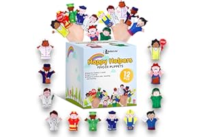 BETTERLINE Happy Helpers Finger Puppets 12-Piece Set - Teach and Learn with a Variety of Neighborhood People Characters - Free Bonus E-Book - for Families, Children, Kindergarten, Play and ESL