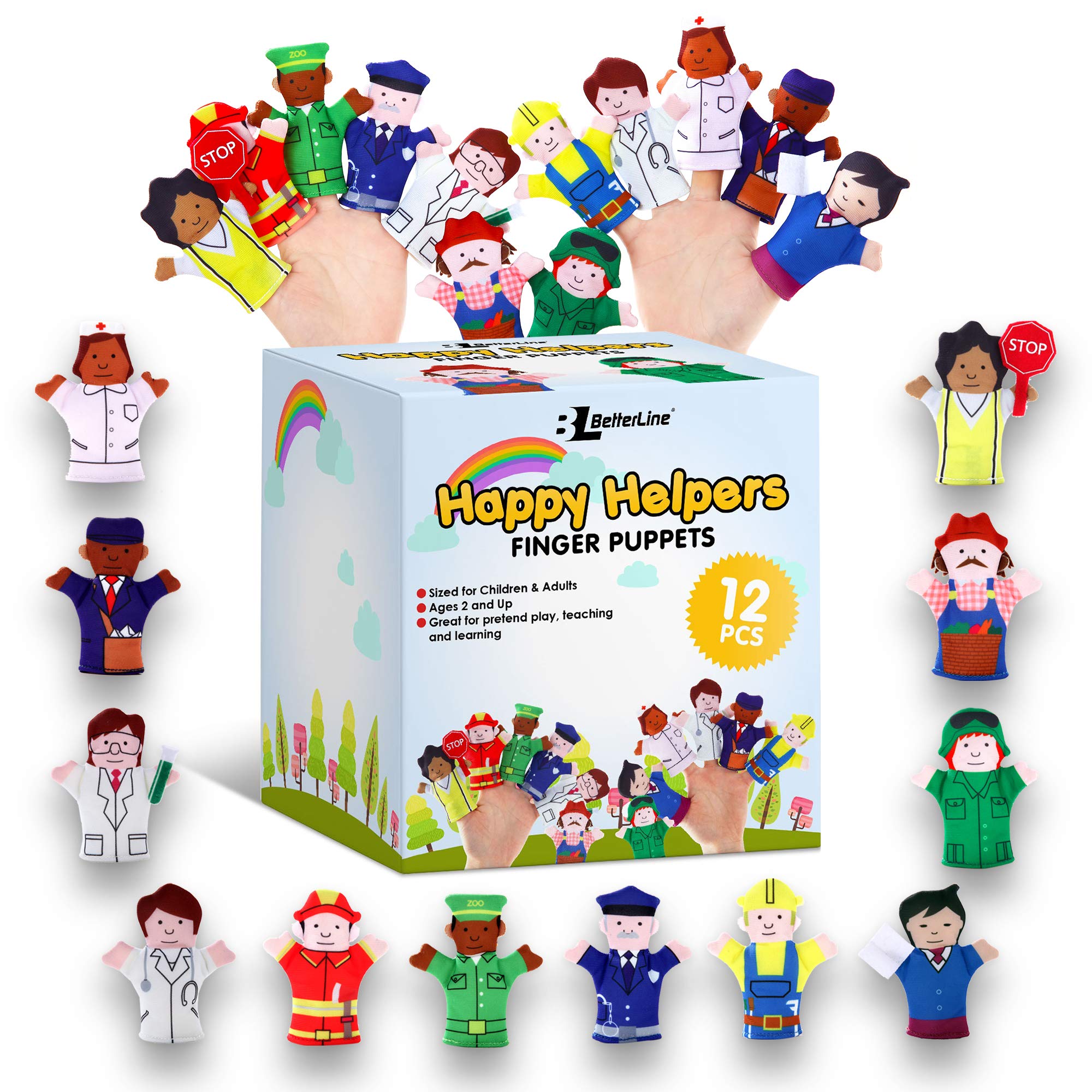 Photo 1 of Happy Helpers Finger Puppets 12-Piece Set - Teach and Learn with a Variety of Neighborhood People Characters - Free Bonus E-Book - for Families, Children, Kindergarten, Play and ESL