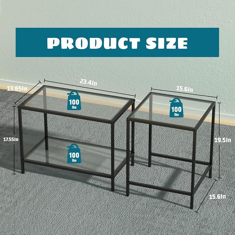 Couchtisch aus Glas,couchtisch,Wohnzimmertisch,Living Room Table Quadratisch Couchtisch 2er Set, Coffee Table,Beistelltisch, Sofatisch für Schlafzimmer, Wohnzimmer, Büro (Schwarz) — Foto 2 von 8