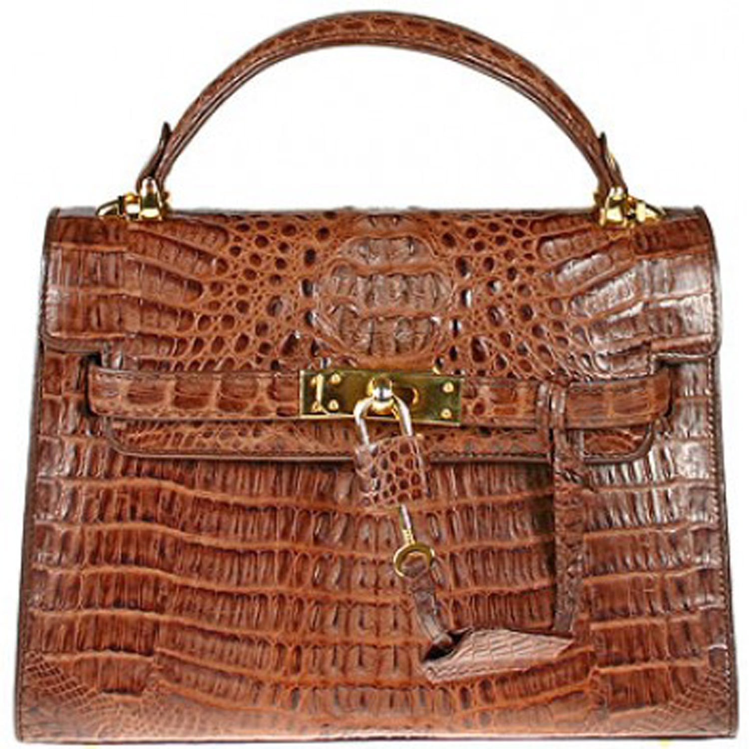 Leather Dist. Women's Real Alligator Handbag Purse Bag W Lock M Brown