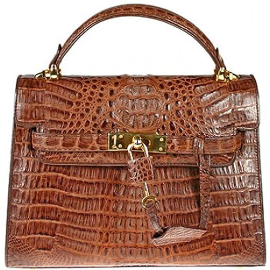 Leather Dist. Women's Real Alligator Handbag Purse Bag W Lock M Brown