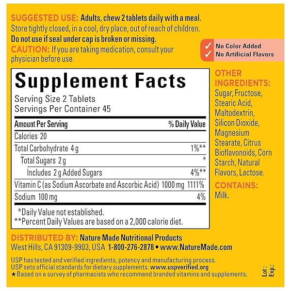NATURE MADE EXTRA STRENGTH DOSAGE CHEWABLE VITAMIN C 1000 MG PER SERVING, DIETARY SUPPLEMENT FOR IMMUNE SUPPORT, 90 TABLETS, 45 DAY SUPPLY