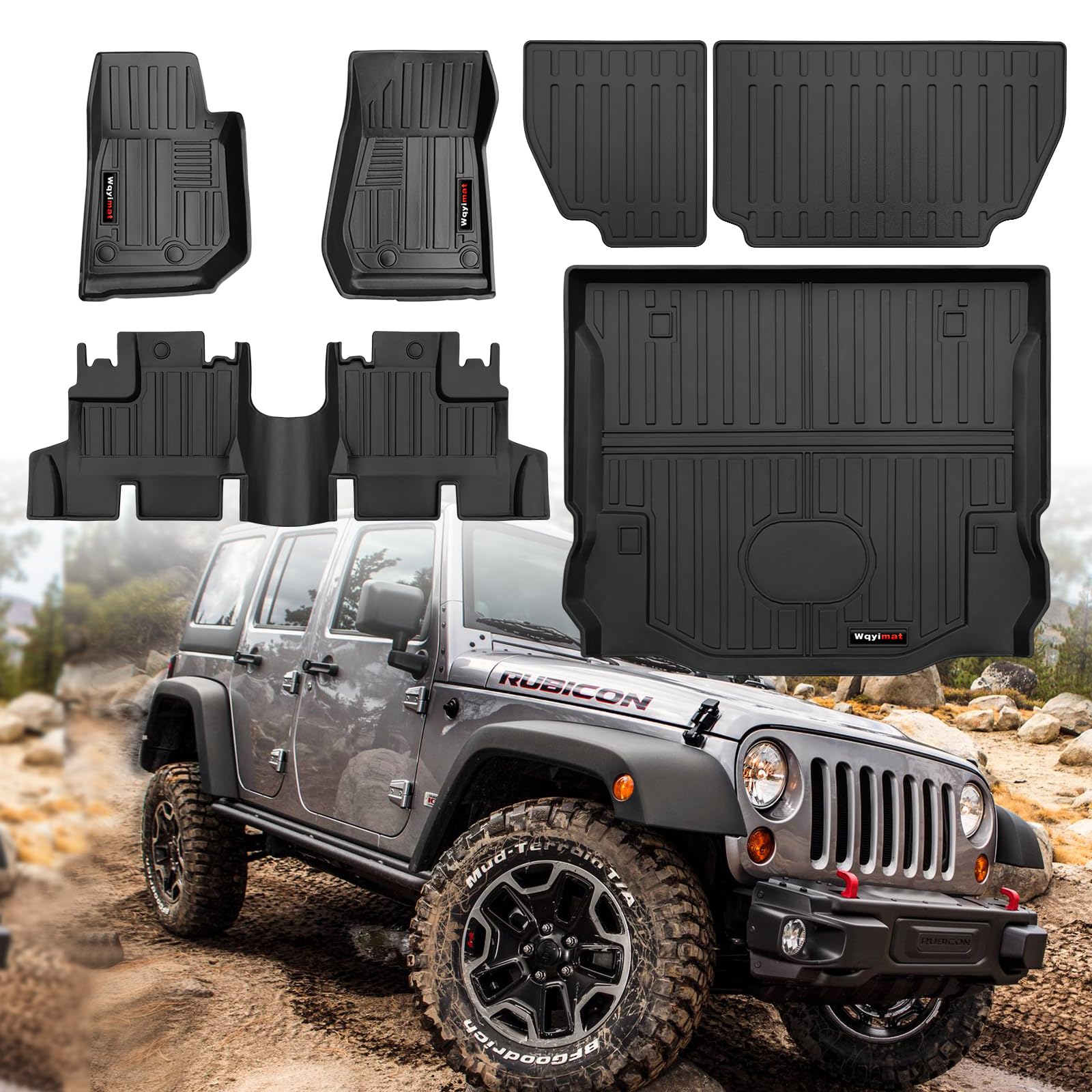 Photo 1 of Wqyimat Custom for 2007-2018 Jeep Wrangler JK 4 Door Floor Mats & Cargo Liner & Backrest Mat All Weather TPE Rubber Protection Mat (for 2007-2018 JK 4 Door Accessories)