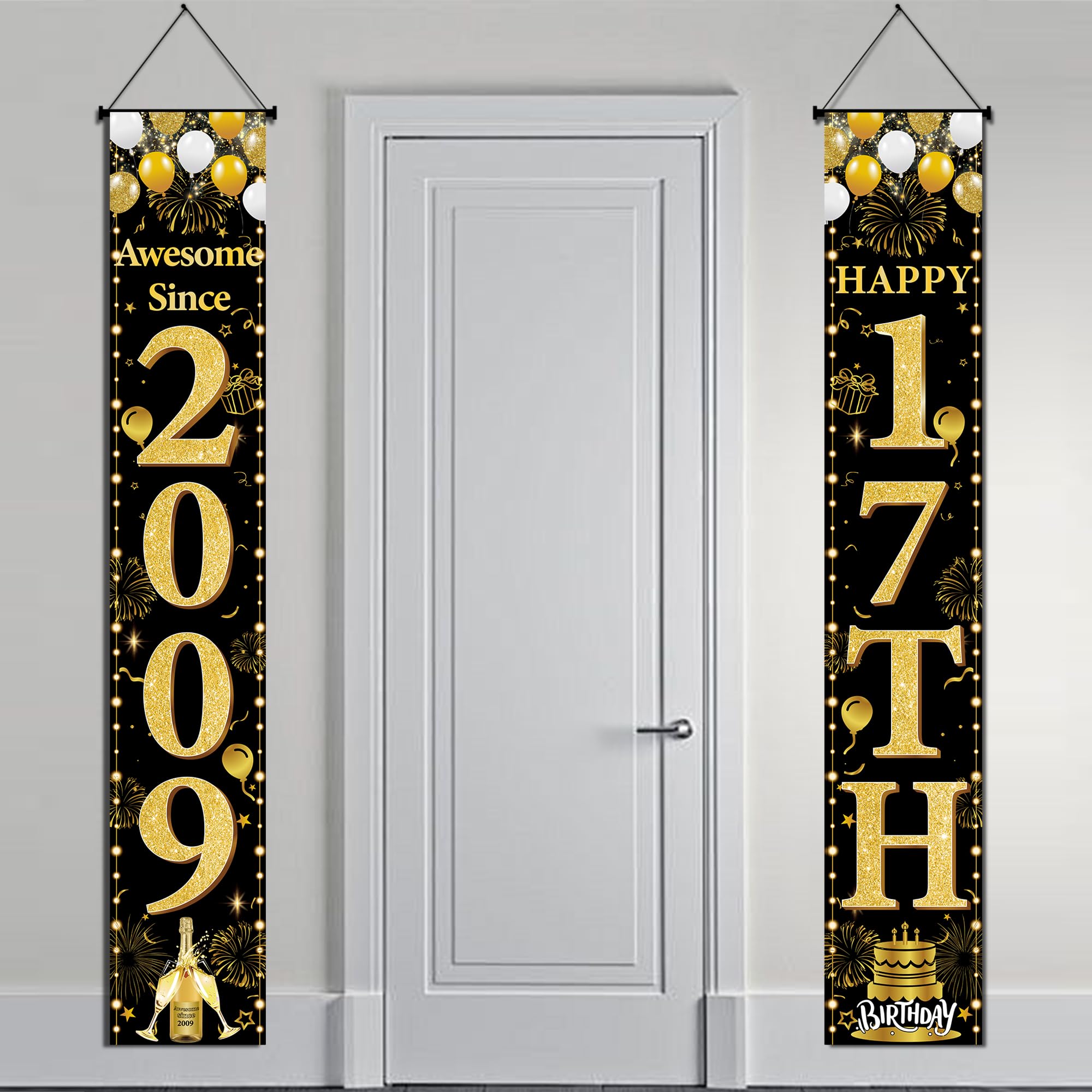 17th Birthday Decorations Door Banner - Black Gold Awesome Since 2009 Happy 17th Birthday Party Door Porch Sign for Teenager Girls Boys Party Photo Booth Background Decor, 180 × 30 cm