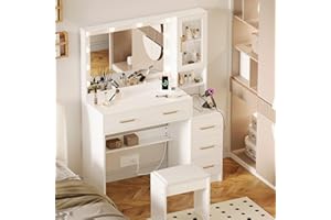 UGTOO White Vanity Table with Drawer Dresser, Farmhouse Vanity Makeup Desk with Charging Station, Vanity Desk with Lights Mirror & Drawers for Makeup,Vanity Desk with Storage Shelf & 5 Drawers (Gold Handle)