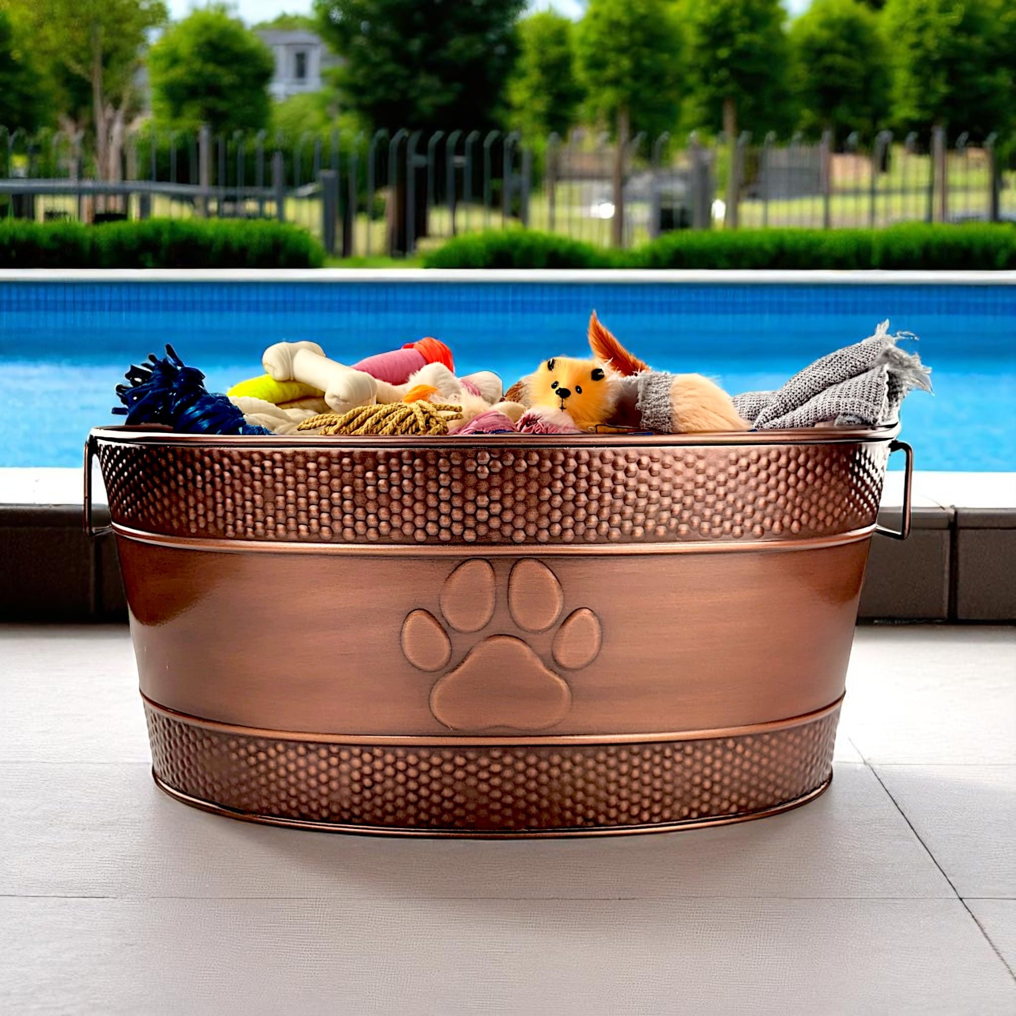 BREKX Indestructible Metal Dog Toy Bin - Copper Galvanized Storage Bin with Handles, Puppy Basket for Dog Storage, Blankets, & Leashes, Paw Pet Toy Box (25-Quart)