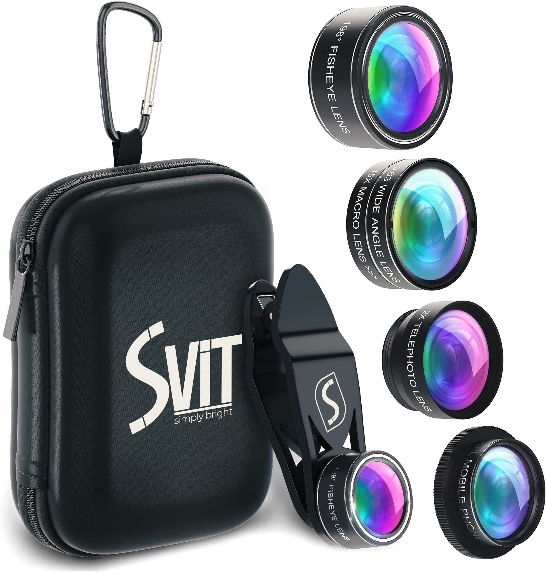 5 in 1 Phone Camera Lens Kit - Optical Glass Attachment Set - 2X Zoom Telephoto, 198 Fisheye, 0.63X Wide Angle, 15X Macro, CPL Filter with Universal Clip Adapter for Cell Phones and Tablets (Black)