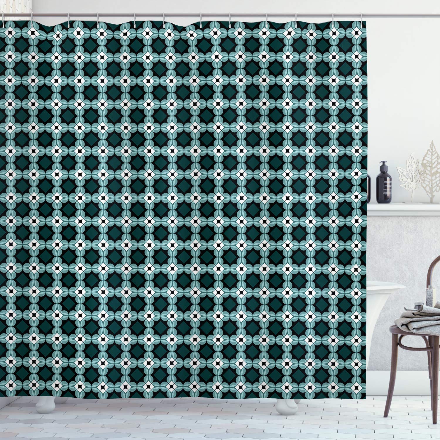 ABAKUHAUS Modern Shower Curtain, Moroccan Eastern Orient Pattern with Blank Backdrop Artwork, Cloth Fabric Bathroom Decor Set with Hooks, 175 x 220 cm, Green Turquoise