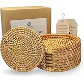 Handmade Natural Rattan Coasters for Drinks, Wicker Boho Woven Coasters Set of 6 with Holder | Heat Resistant Reusable Saucers, Round Straw Trivet for Teacup