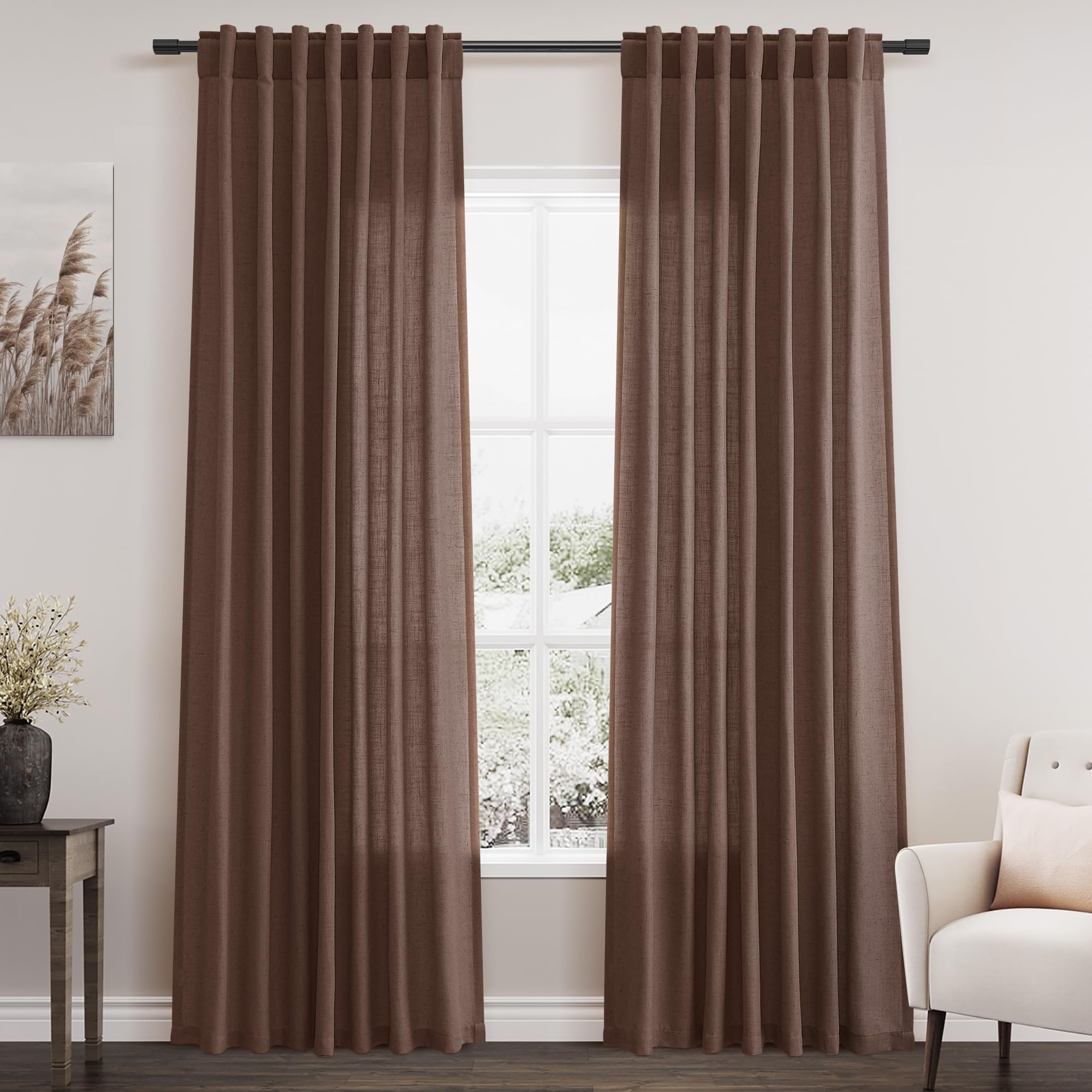 Photo 1 of Mocha Mousse Linen Blend Curtains 84 Inch Length 2 Panels Set Back Tab Rod Pocket Light Filtering Semi Sheer Textured for Neutral Farmhouse Living Room and Bedroom Decor 52x84