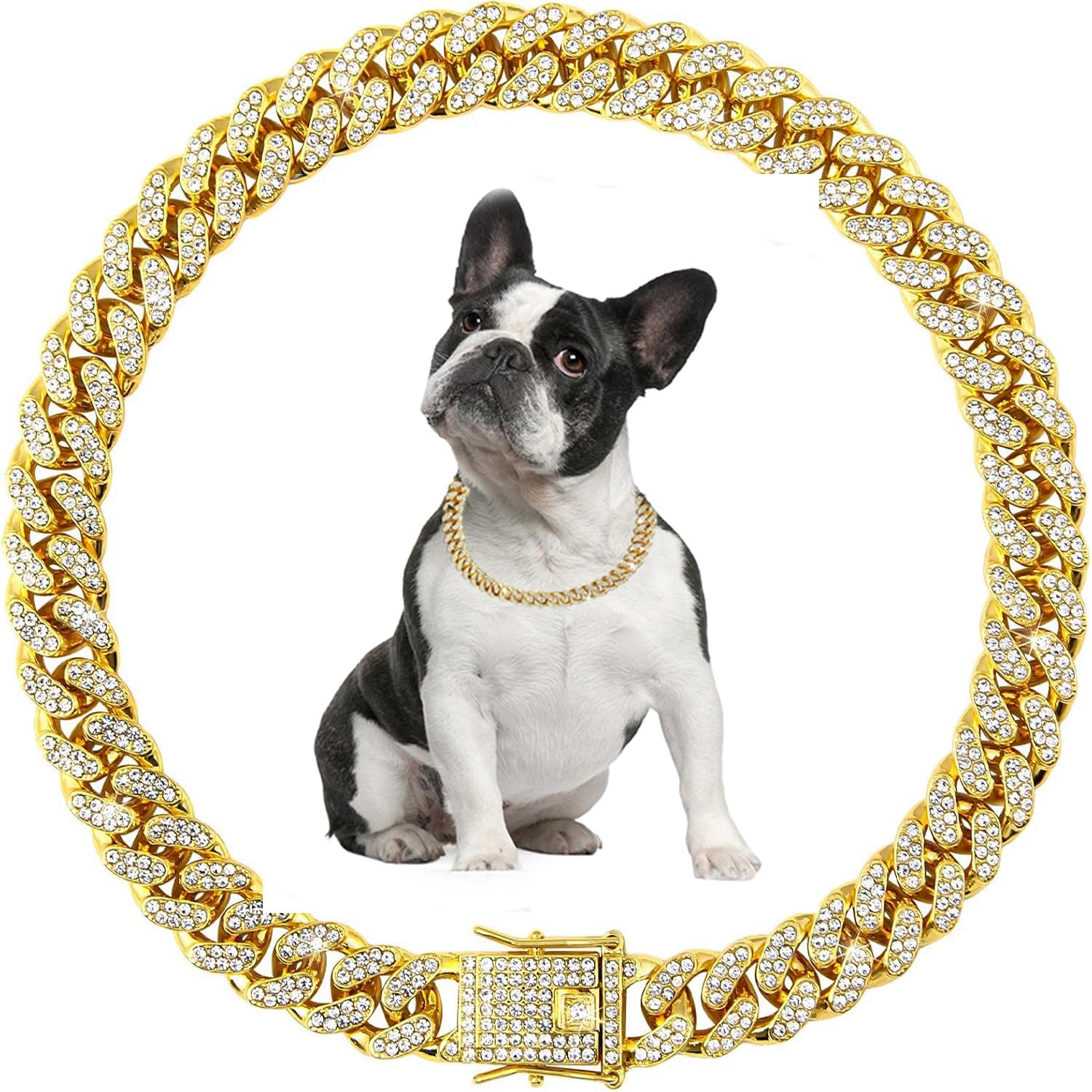 Photo 1 of Gold Chain Collar for Small Dogs, Cuban Link Chain for Dogs Jewelry Diamond Necklace Metal Bling Choke 13mm Wide Pet for Puppy Small Medium Large Dogs Cats (10inch)
