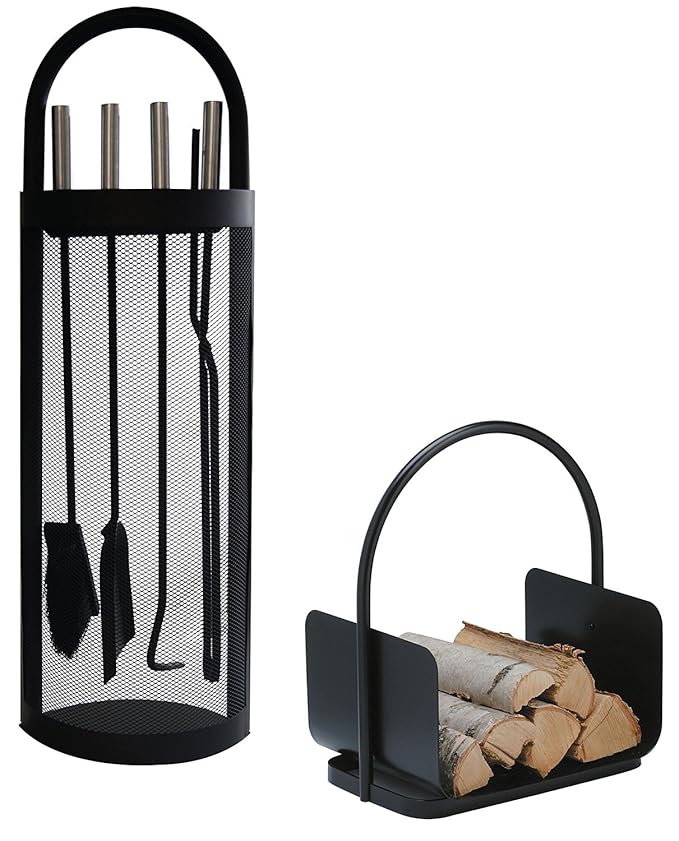 Alpertec 39030860 Kamingarnitur SET in Eisen schwarz und Holzkorb 2 Stück