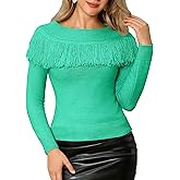 WLLW Women's Fringe Tops Juniors Boat Neck Sweater Long Sleeve Pullover Sweater Slim Fit Off Shoulder Sweaters
