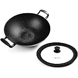 Uno Casa Cast Iron Wok Pan - 8 lb. Flat Bottom Wok with Silicone Lid - 12 Inch, 5.2 Q, Compact, Durable Induction Wok for Bot