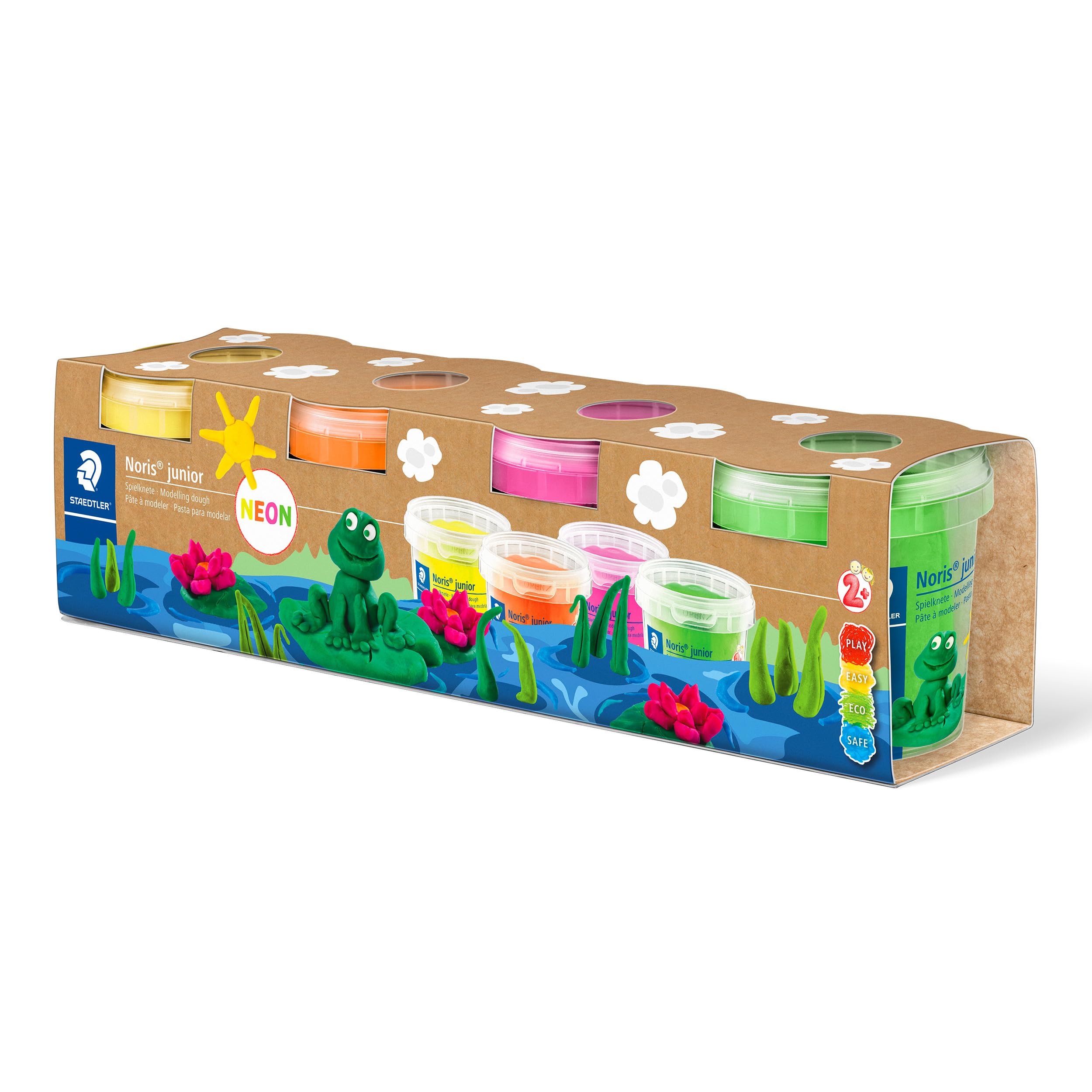 STAEDTLER Noris junior 813 Spielknete "Neon Colours", besonders weich und sauber, klebt nicht, Set mit 4 Töpfchen à 130 g, 813F SLE