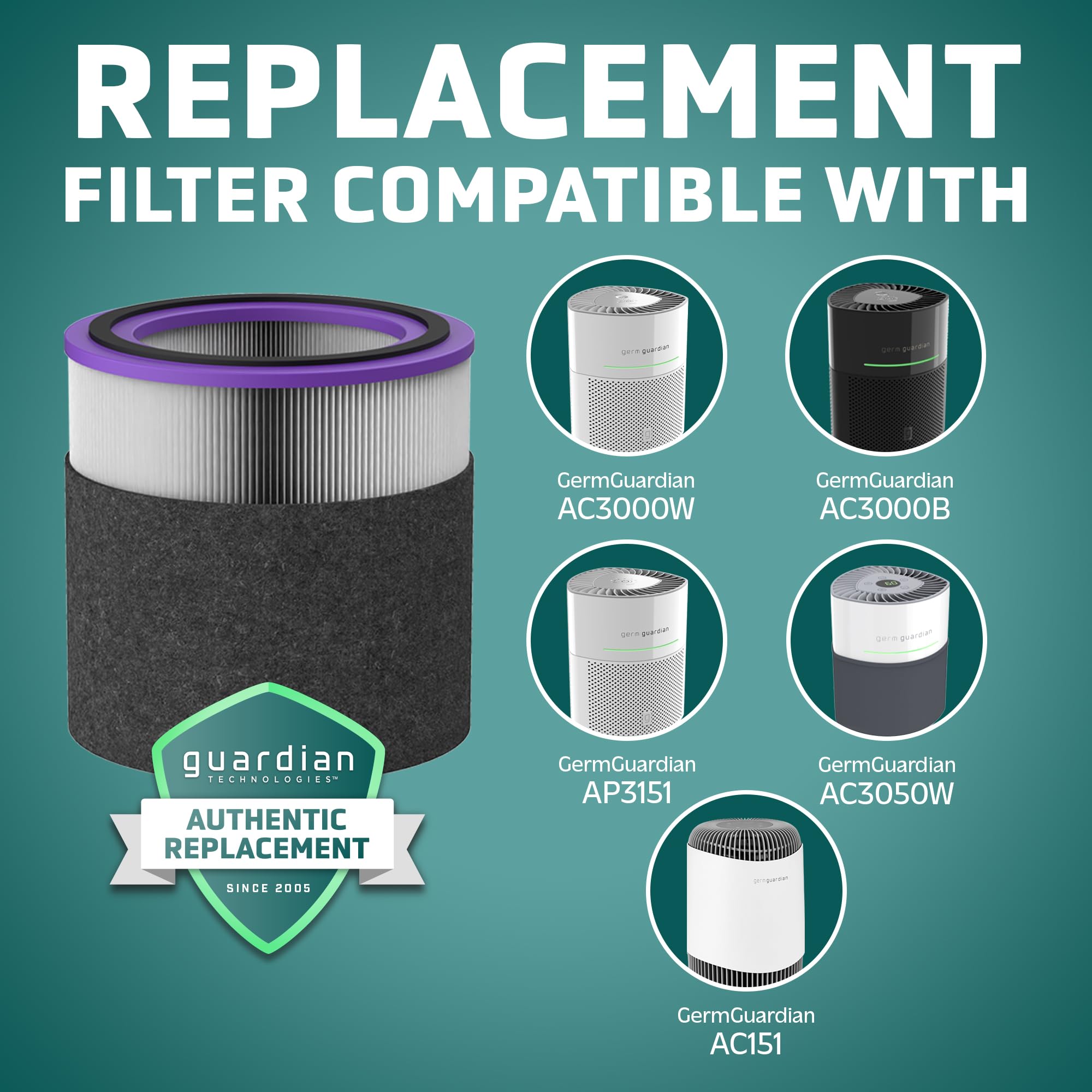 GermGuardian Filter V Pet Pure HEPA Original Air Purifier Replacement Filter, Removes 99.97% of Pollutants for AirSafe Series and AC151, Black/Purple, FLT151PT