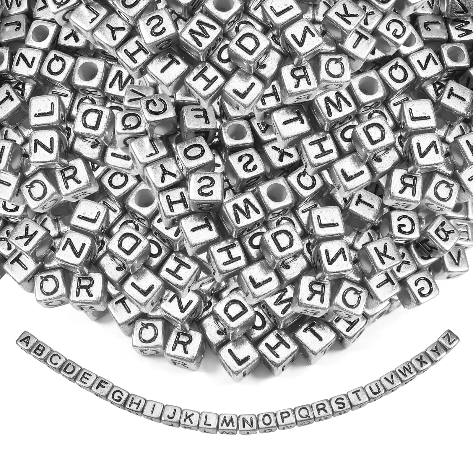 TOAOB 200pcs Cube Letter Beads Silver Tone Acrylic Alphabet 6mm Block Shape with Black Word for Necklace Bracelet Jewellery Making