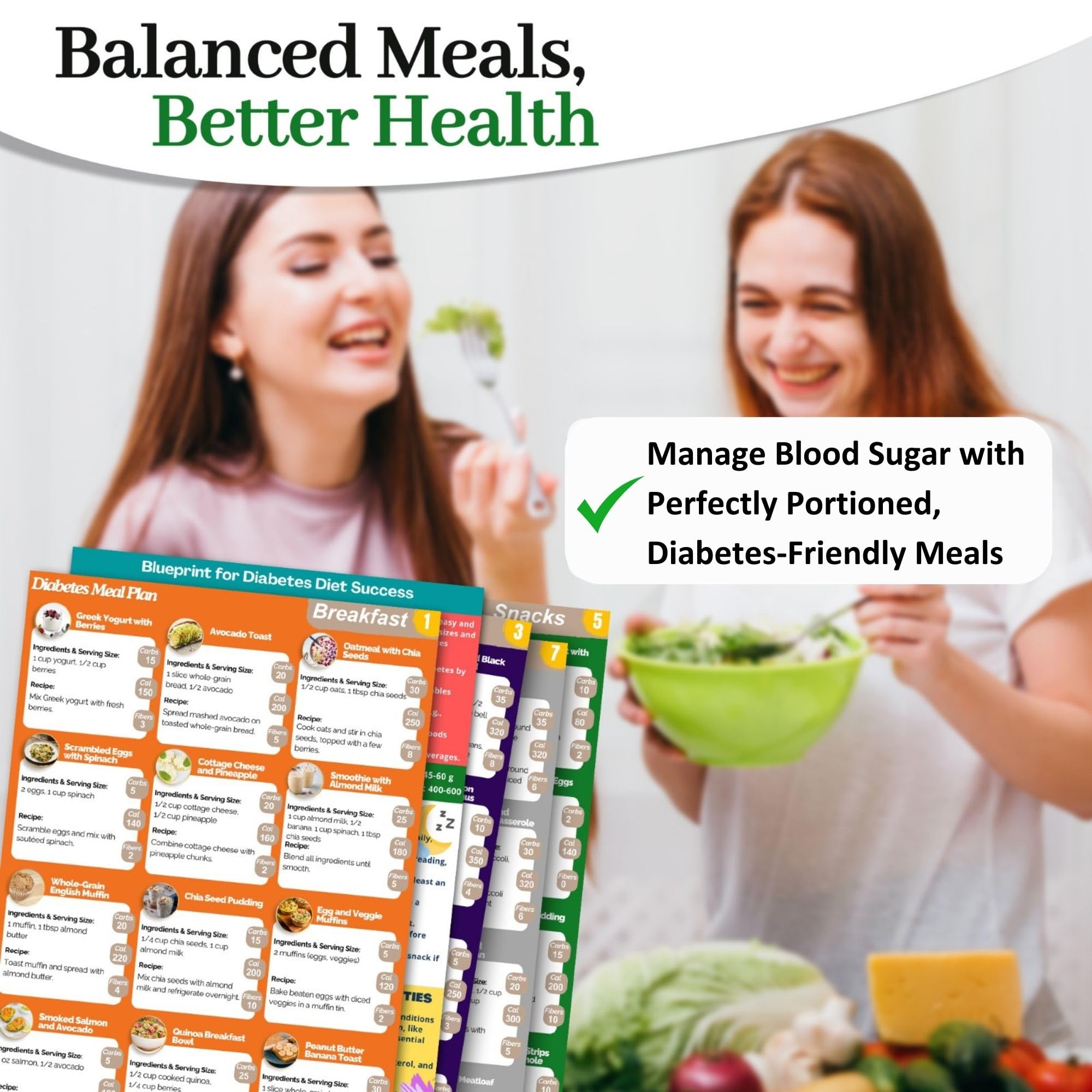 5pcs Diabetes Meal Plan & Nutrition Guide. List of Meals for Blood Sugar Control and Diabetes Management. Includes Educational Diabetes Poster. Counts Calories, Carbs, & Fibers. Laminated