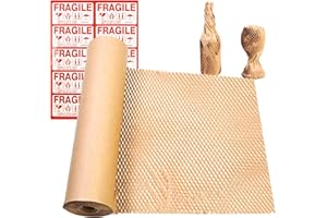 HIJELYN Packing Dishes Packing Material for Glassware 15"x230' Shipping Paper Great Alternative to Bubble Cushion Wrap 80GSM Recyclable Honeycomb Paper with Fragile Stickers