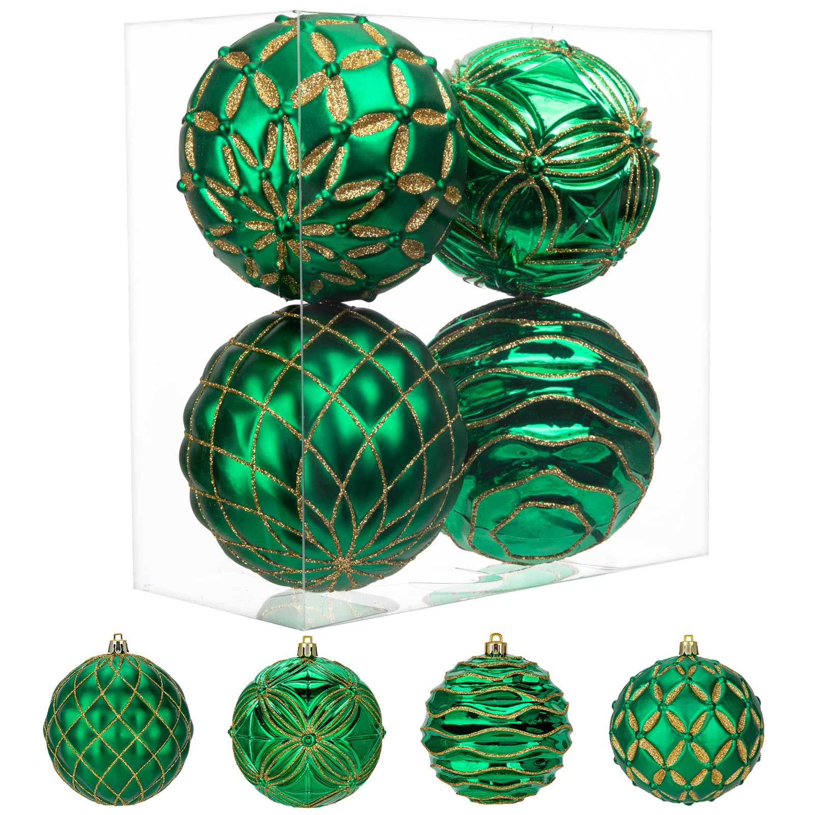 Oairse 4"/10cm Large Green Christmas Baubles Ornaments 4 Pcs Shatterproof Big Glitter Christmas Tree Ornaments for Holiday Halloween Wedding Party Xmas Tree Decorations