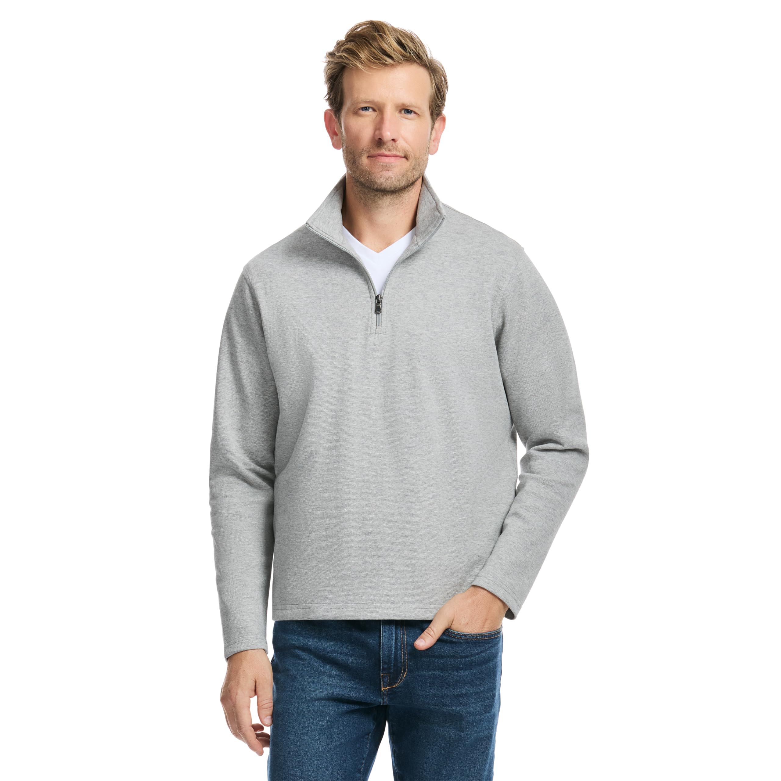 SAKS Fifth Avenue Men’s Pique Quarter-Zip Pullover, Premium Cotton Blend Knit Top, Classic-Fit & Richly Detailed, Heather Grey, S